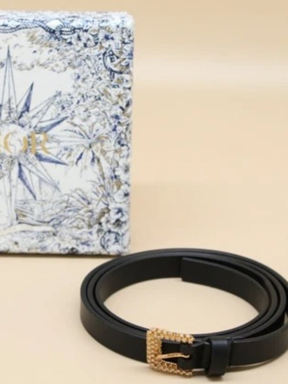 Christian Dior Black Leather Skinny Belt rhinestone-embellished Buckle Size 75cm